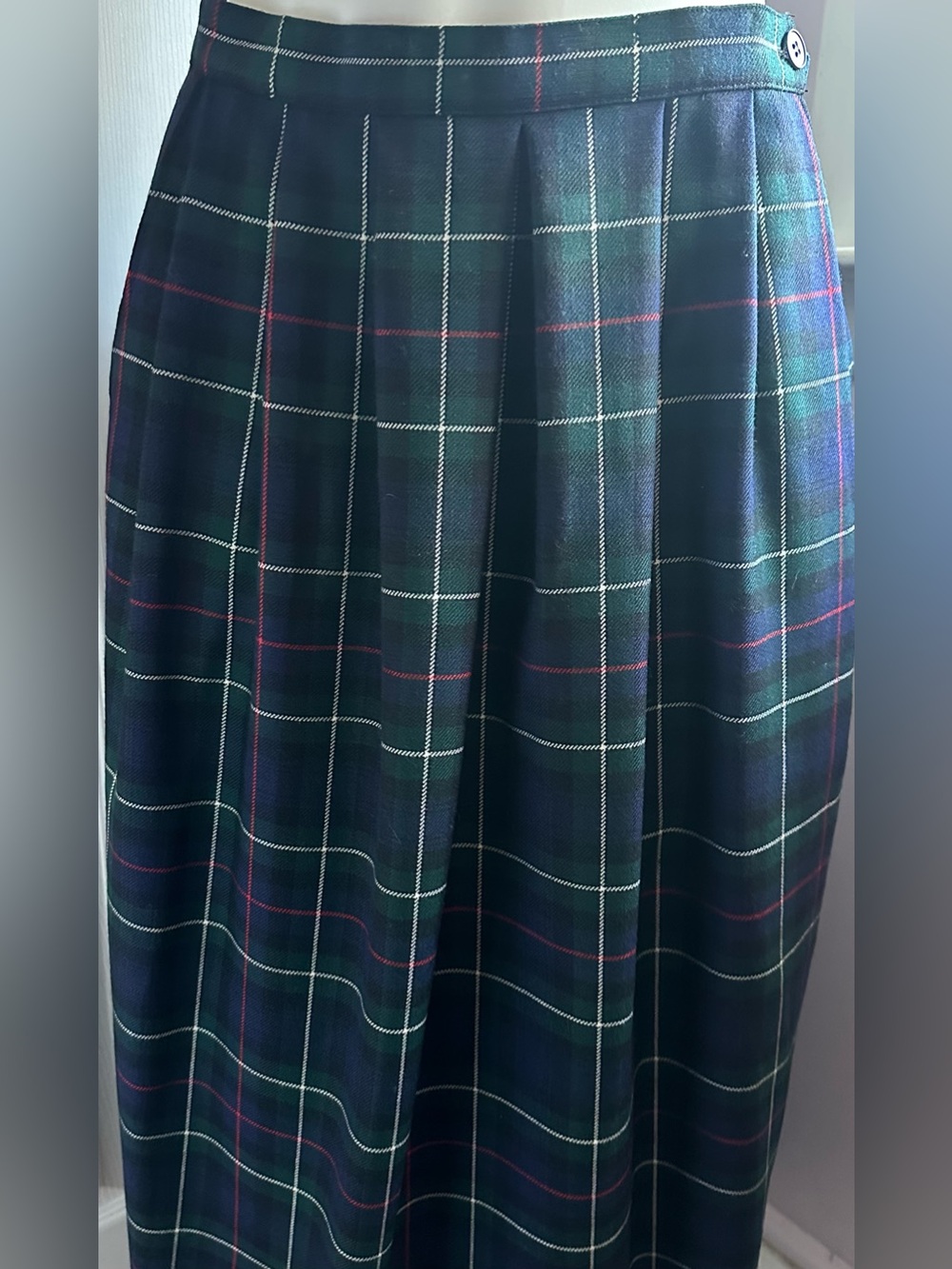 CHARTER CLUB Classic Navy Blue Green Plaid Pleated Pockets Wool Maxi Skirt Sz 12